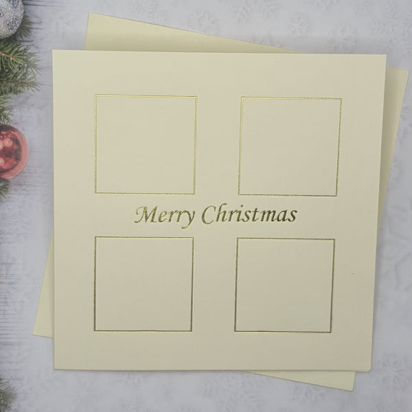 Pack of 5, Cream card printed Merry Christmas with 4 square design in Gold