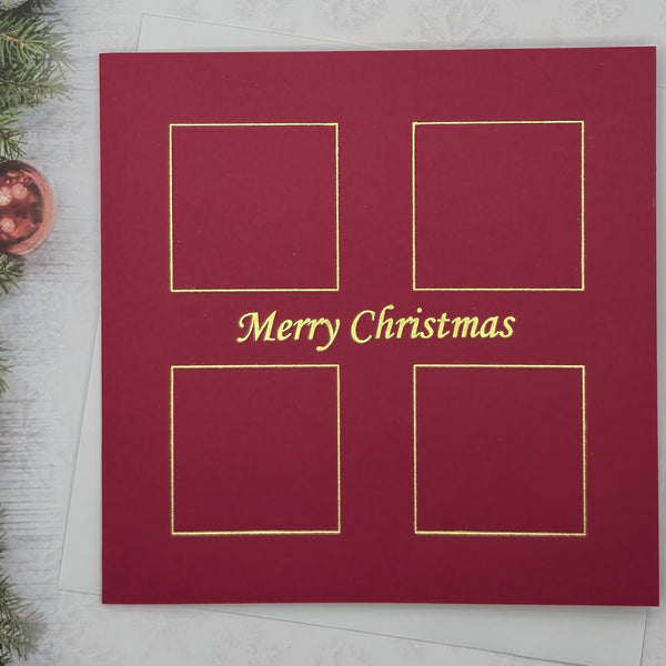Pack of 5, Red card printed Merry Christmas with 4 square design in Gold