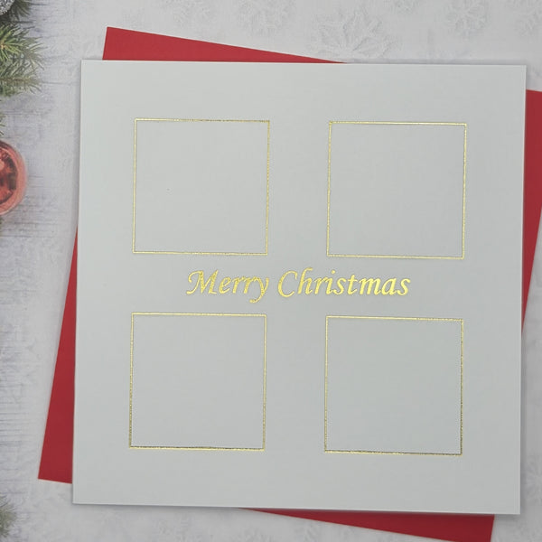 Pack of 5, White card printed Merry Christmas with 4 square design in Gold