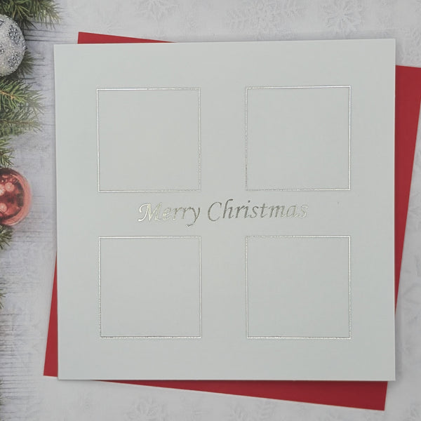 Pack of 5, White card printed Merry Christmas with 4 square design in Silver