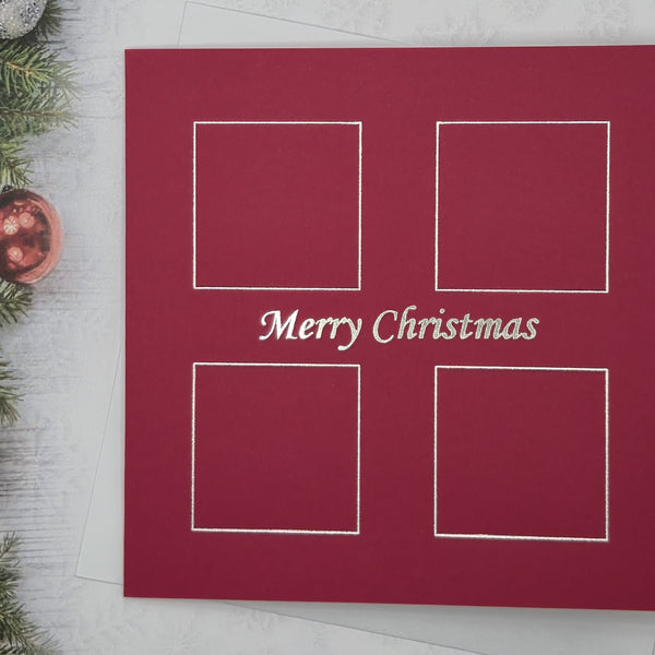 Pack of 5, Red card printed Merry Christmas with 4 square design in Silver