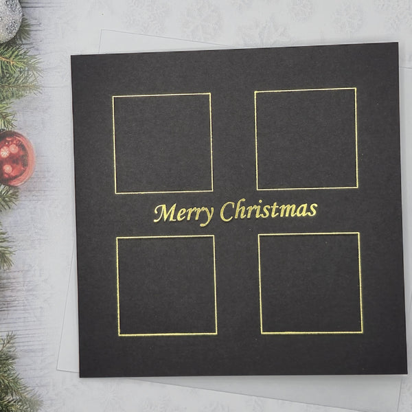 Pack of 5, Black card printed Merry Christmas with 4 square design