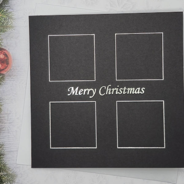 Pack of 5, Black card printed Merry Christmas with 4 square design in Silver
