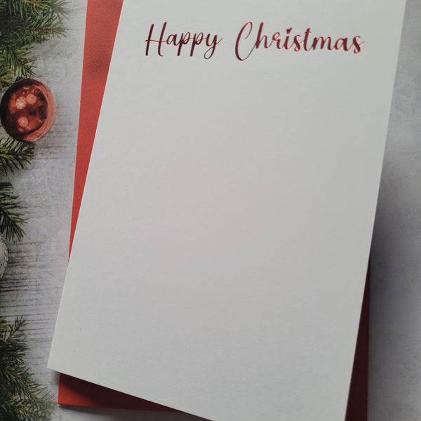 Card blanks and envelopes A6, pack of 5, hot foil printed "Happy Christmas Printed Red