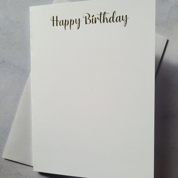 Card blanks and envelopes 7"x5", pack of 5, hot foil printed "Happy Birthday"