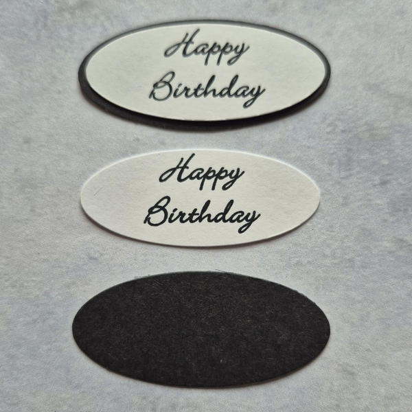 Plaques - Happy Birthday Black print on white card with black panels