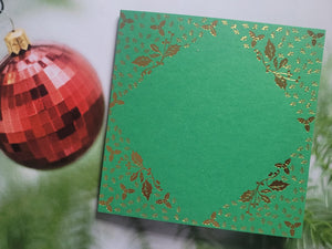 Card blanks and envelopes, 6" square, hot foil printed Holly design in Gold