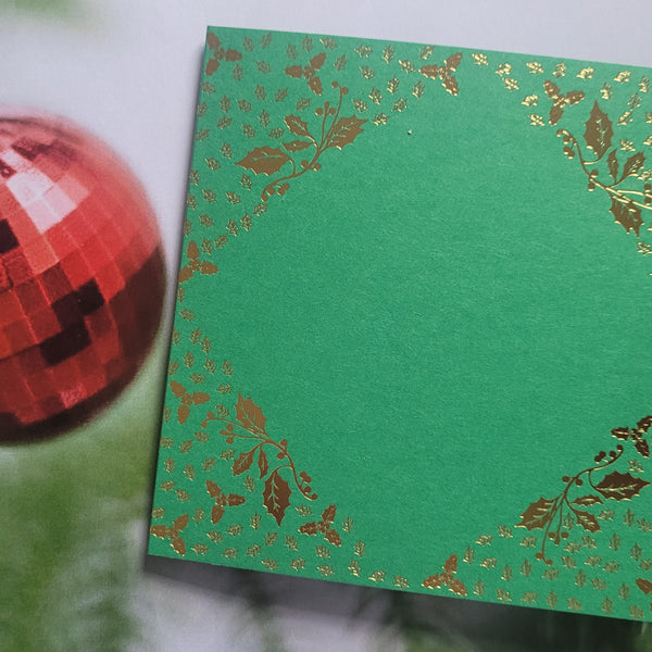 Card blanks and envelopes, 6" square, hot foil printed Holly design in Gold