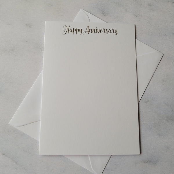 Card blanks and envelopes 7"x5", pack of 5, hot foil printed "Happy Anniversary"