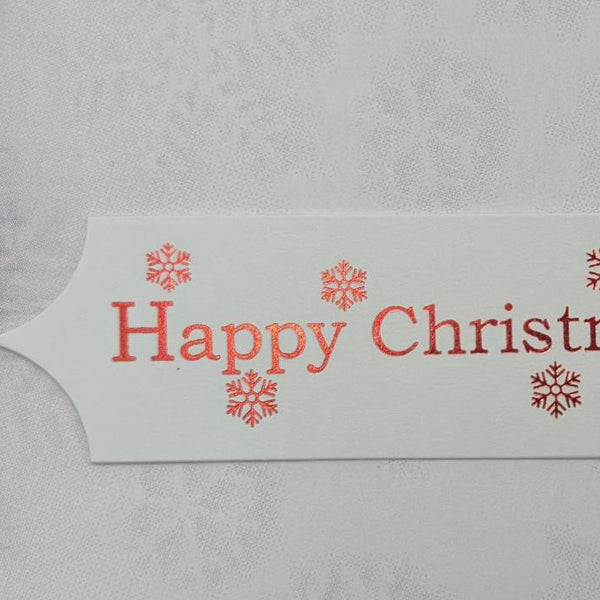 Toppers - Happy Christmas. Red print on White card. Pack of 30
