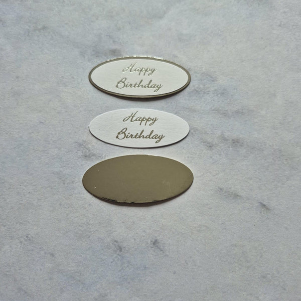 Plaques - Happy Birthday Silver print on white card with silver panels