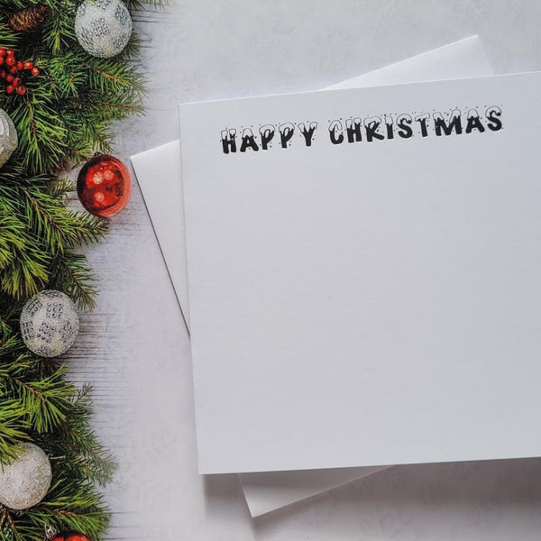 Card blanks and envelopes, 6" square, hot foil printed "Happy Christmas"