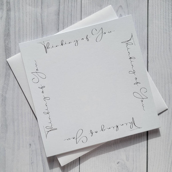 Printed card and envelopes, Pack of 5. 6" square hot foil printed "Thinking of You" in Silver