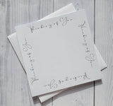 Printed card and envelopes, Pack of 5. 6" square hot foil printed "Thinking of You" in Silver