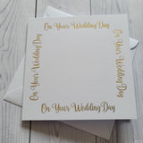 Card blanks and envelopes,6"square, hot foil printed On Your Wedding Day