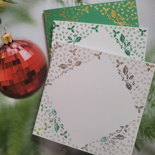 Card blanks and envelopes, 6" square, hot foil printed Holly design in Gold