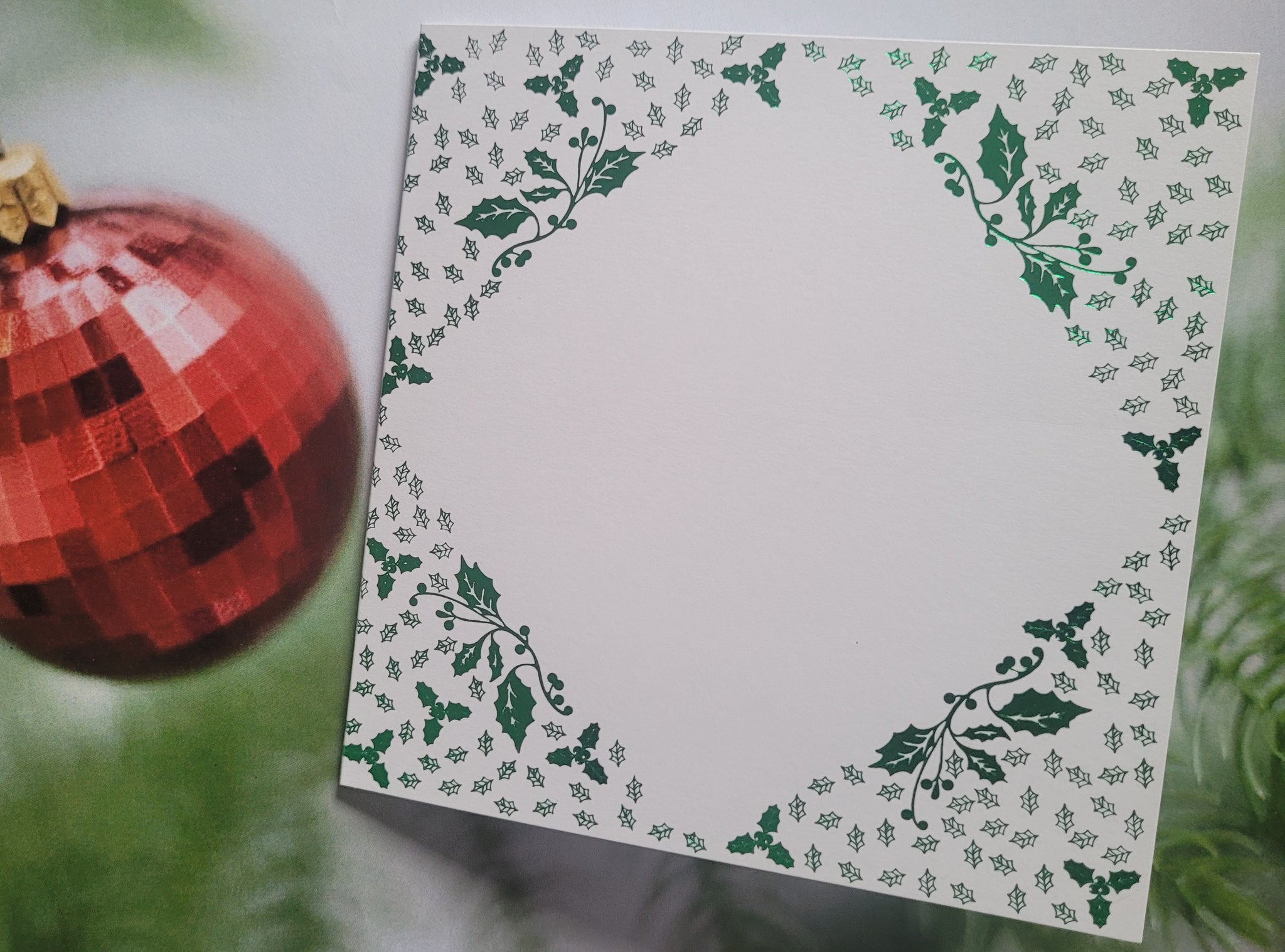 Card blanks and envelopes, 6" square, hot foil printed Holly design in Green