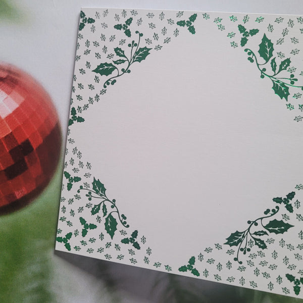 Card blanks and envelopes, 6" square, hot foil printed Holly design in Green
