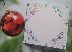 Card blanks and envelopes, 6" square, hot foil printed Holly design in Silver