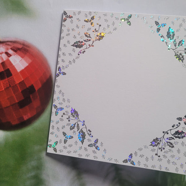 Card blanks and envelopes, 6" square, hot foil printed Holly design in Silver