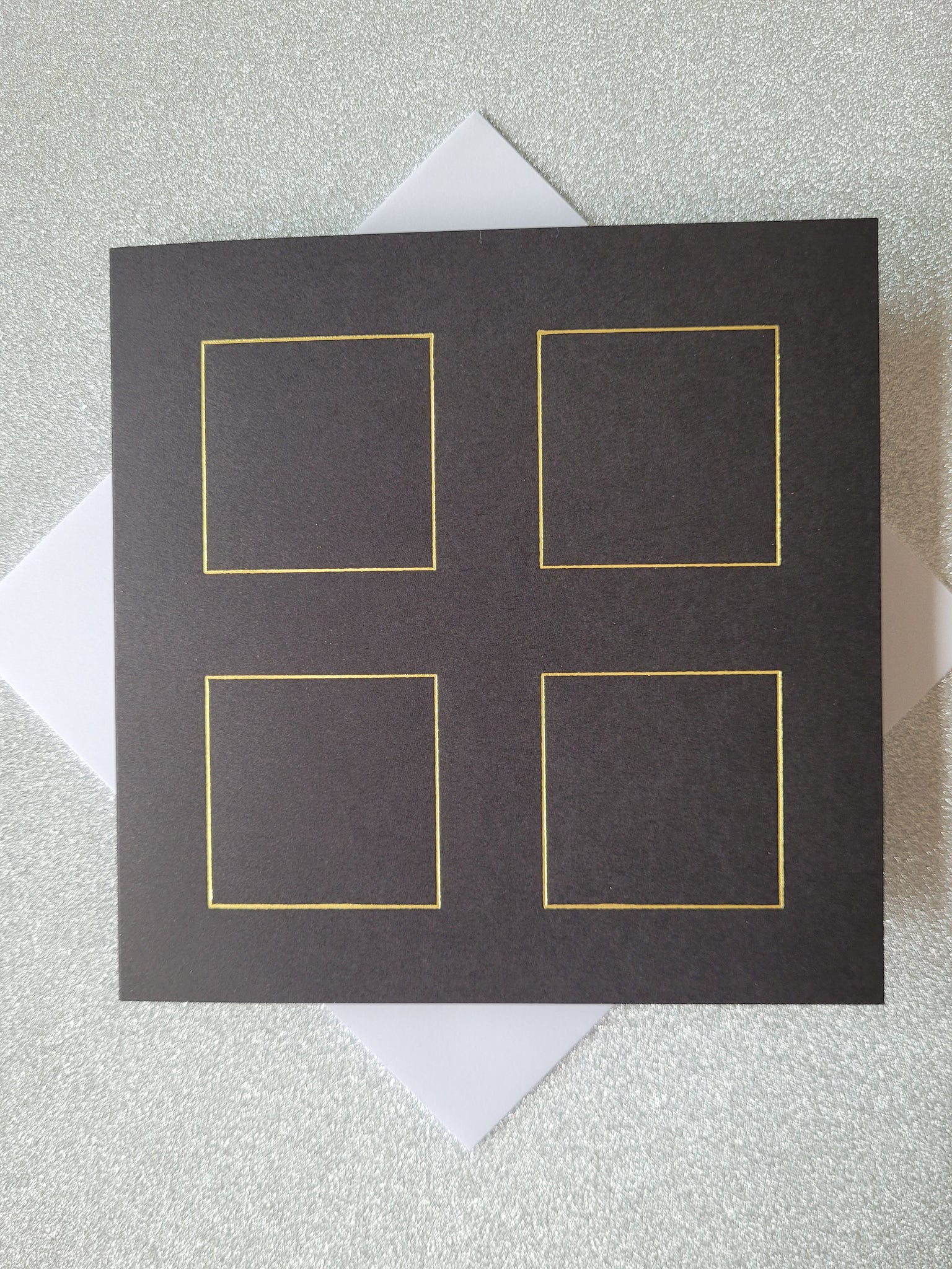 Card blanks and envelopes, 6" square, hot foil printed 4 square block design