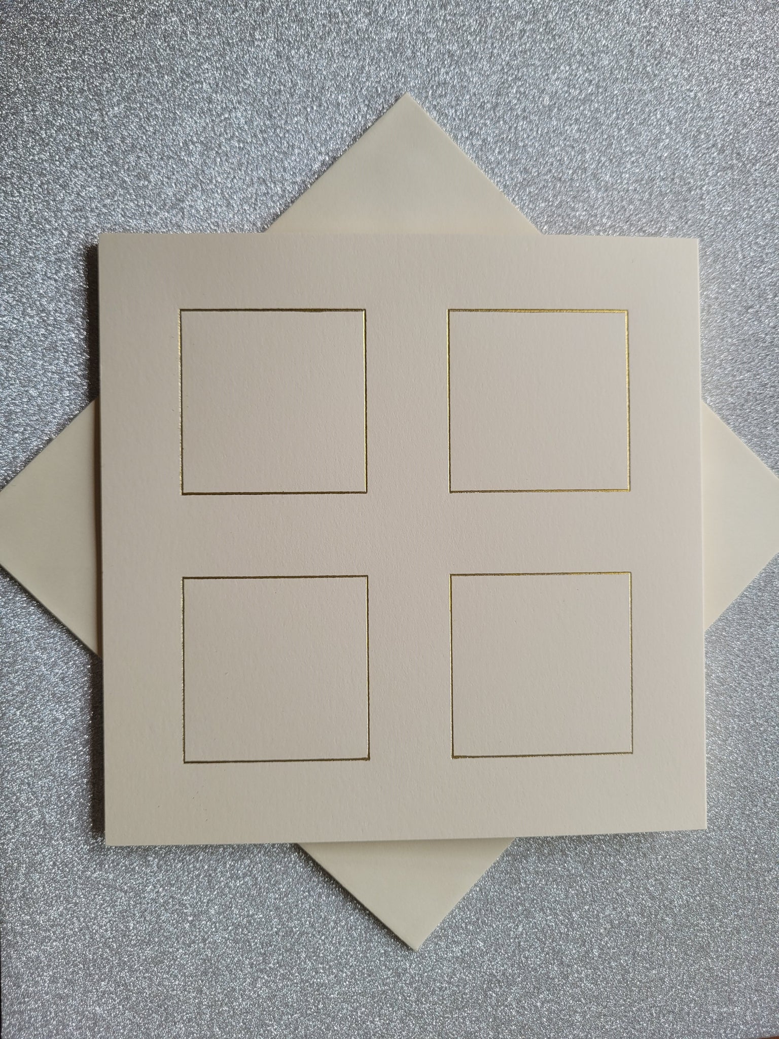 Card blanks and envelopes, 6" square, hot foil printed 4 square block design