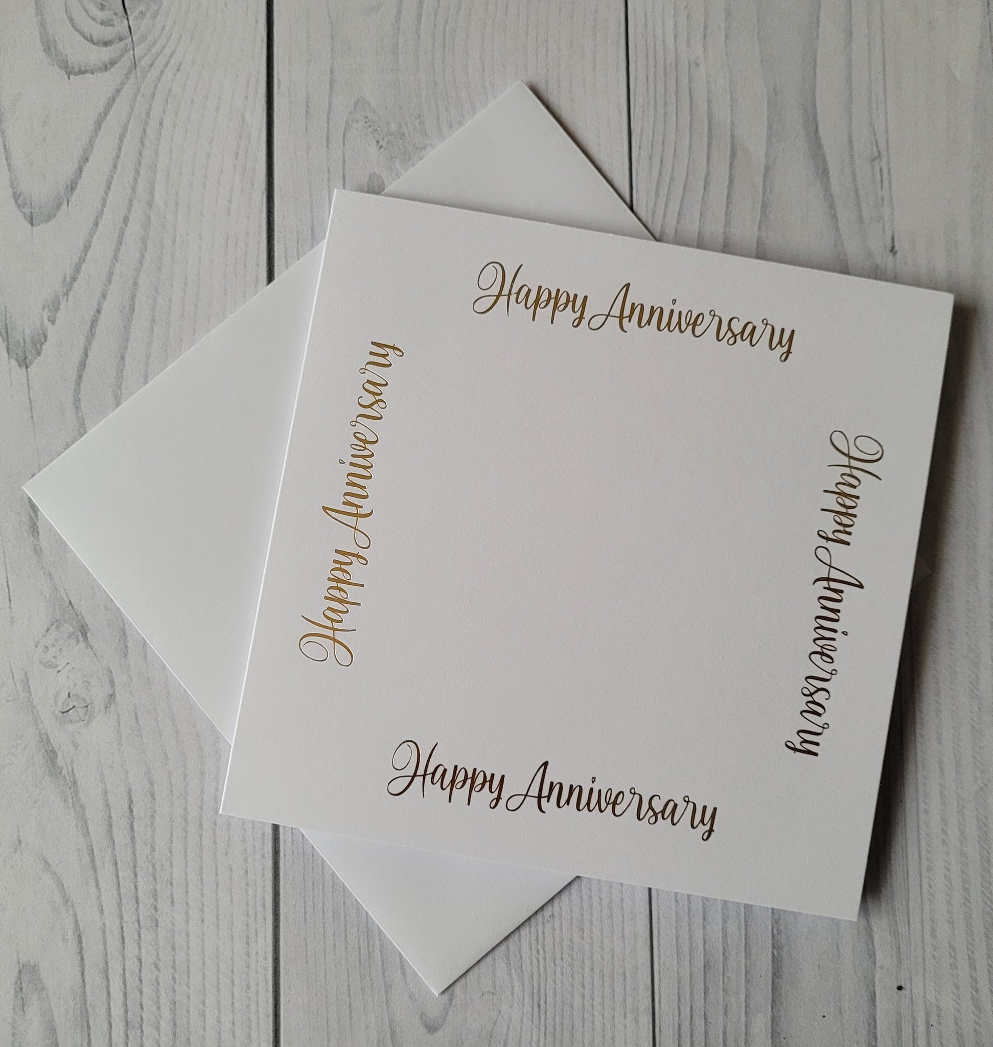 Card blanks and envelopes, 6" square hot foil printed "Happy Anniversary"