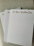 Card blanks and envelopes 7"x5", pack of 5, hot foil printed "On Your Wedding Day"